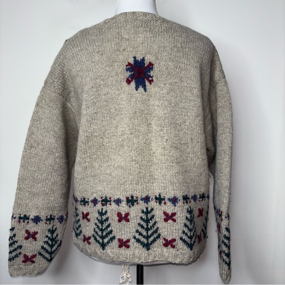 Vintage Talbots Wool Sweater Cardigan Petite Small Hand Knit Snowflakes Trees - Picture 3 of 11